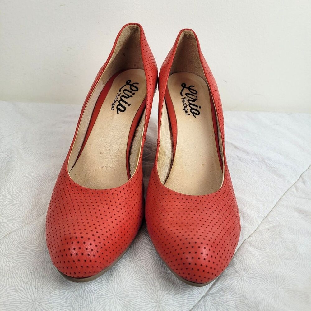 Lirio Portugal Perforated Leather Almond Toe Cone Heels Coral Orange Pinup 8 - Picture 2 of 13